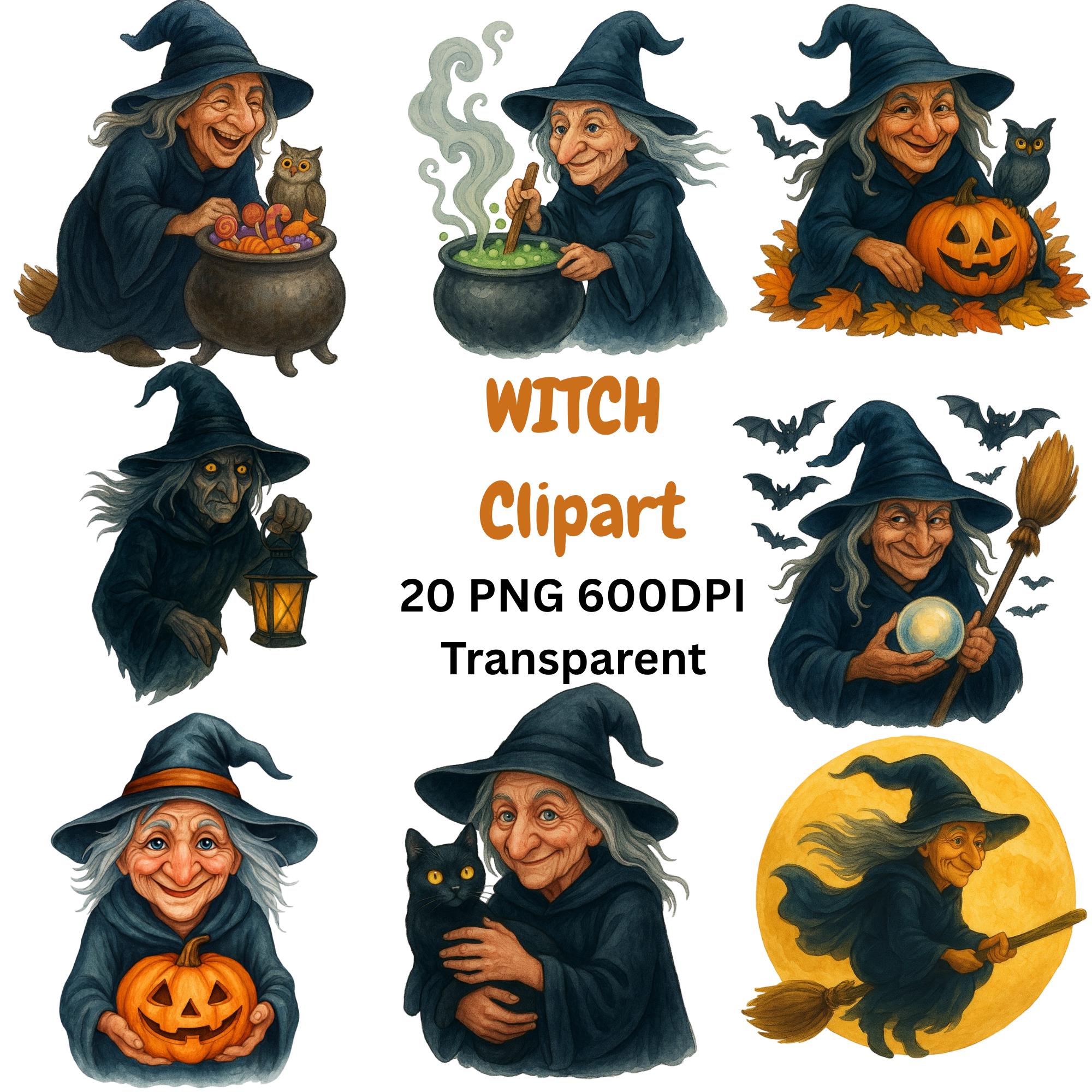 Halloween Witch Clipart PNG Bundle main preview with transparent PNG graphics