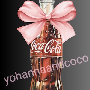 May include: A glass bottle of Coca-Cola with a pink bow tied around the neck. The bottle is filled with a dark brown liquid and has condensation on the outside. The text "Coca-Cola" is printed on the bottle in white.