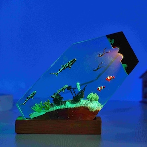 Ocean Driver And Whale Shark Resin Wood Lamp, Epoxy Wood Night Light, Personalized Handmade Gift for Son, Gift for Kid, Bedroom Decor
