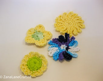 Crochet Flowers, yellow flowers, green flower, blue flower, crocheted small applique, set of 4