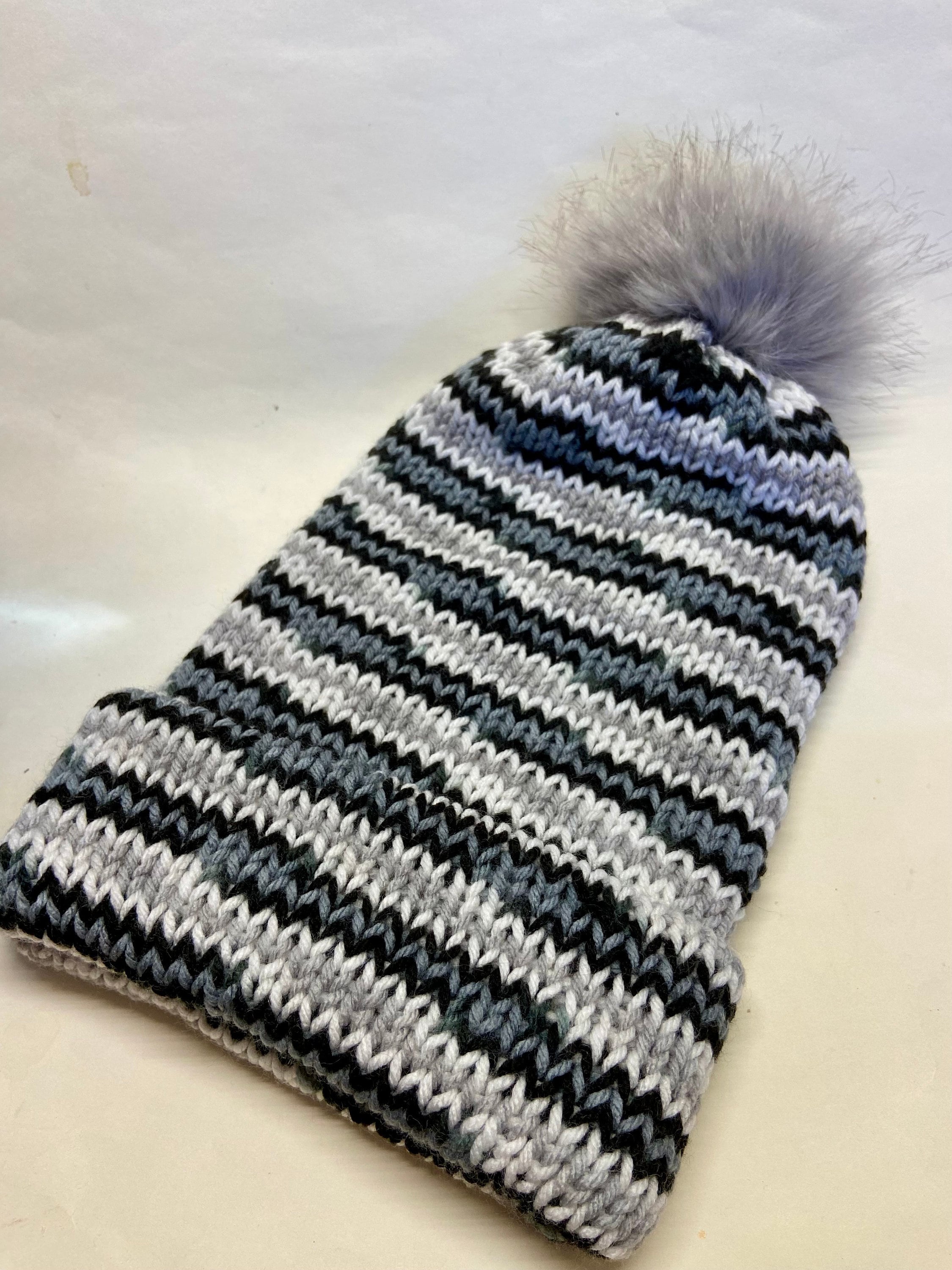 Knit ribbed black striped Pom Pom faux fur beanie hat Stripe Pom Knit Hat – Gorsuch main image 2