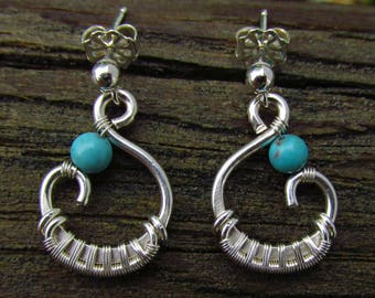 Wire Wrapped Earrings Turquoise Swirly Earrings Sterling Silver Post Earrings