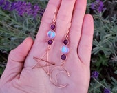 Amethyst Mermaid Glass Copper Wire Star and Moon Earrings Mismatched Earrings Moon Jewelry Purple Opalescent Fairy Witchy Jewelry