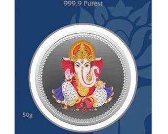 Pure Silver (999.9) 50 gram Ganesh Colored Certicard (Box) by MMTC PAMP | Pure Silver Gift | Diwali Housewarming Gift