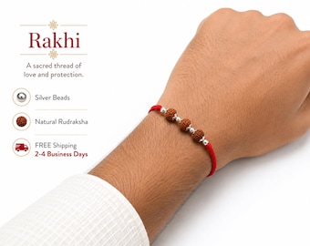 925 Silver Rudraksha Rakhi | Natural Beads, Red Thread Protection Bracelet