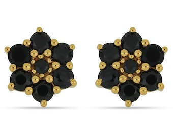 Black Spinel Flower Earrings | Sterling Silver | Gold Plating | Floral Stud Earrings | Ships from NC, USA
