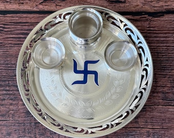 Hallmarked Silver Swastik Pooja Thali Set with Haldi Kumkum Bowls & Kalash – 5 Inch ( 970 Hallmarked )