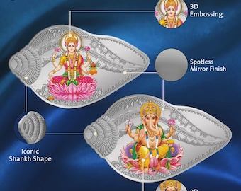 Pure Silver (999.9) 50 gram Minted Shankh shape Ganesh Laxmi Colored Set by MMTC PAMP | Pure Silver Gift | Housewarming Diwali Gift