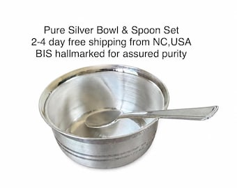 990 Pure Silver Bowl and Spoon Set 50-54 Grams | BIS Hallmarked | Baby Feeding Ceremony| Annaprashana Gift | Pooja Prasadam Bowl n Spoon set