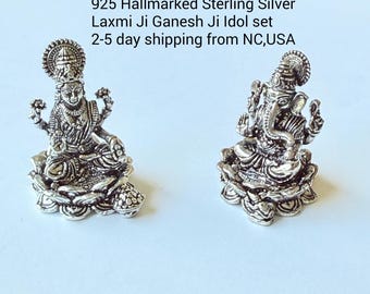 925 Sterling Silver Laxmi & Ganesh Idols 1.5 Inch | Solid Hallmarked Silver Murti | Diwali, Wedding,  Housewarming Gift