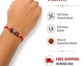 925 Silver Rudraksha Rakhi with Silver Beads