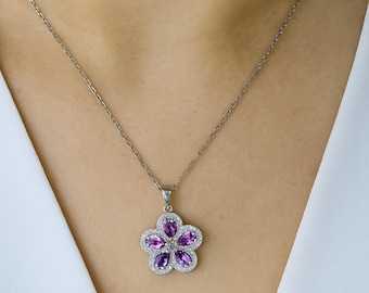 Brazilian Amethyst Flower Pendant | Natural White Zircon Accents | Sterling Silver Jewelry | February Birthstone Gift | Ships from NC, USA