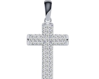 White Zircon Sterling Silver Cross Pendant – Rhodium-Plated Pendant