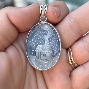 Handmade Sterling Silver Snow Globe Pendant: Winter Cabin Quartz Necklace