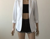 White Blazer Jacket Long Blazer Minimalist Hip Length Pockets 70s 80s 1970s 1980s Mod Graphic Minimal Simple Size XXS to XS