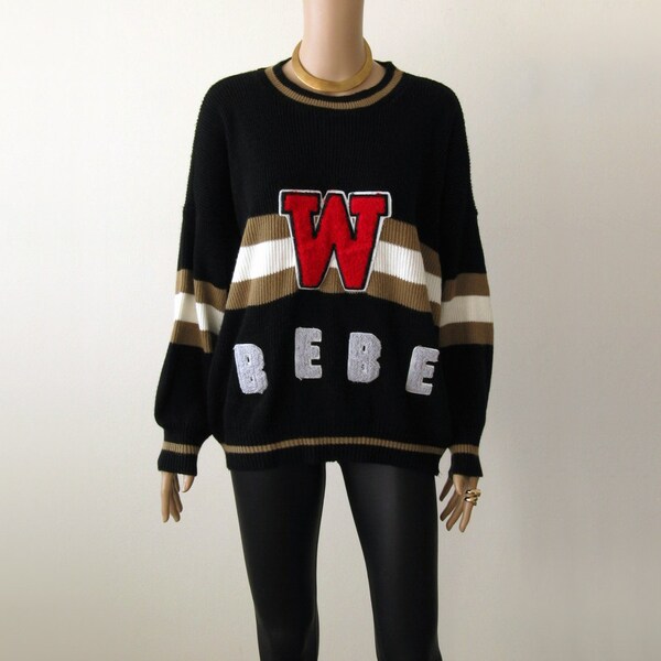 90s Varsity Sweater Grunge Oversize Black Letterman 1990s Streetwear Bebe W Chunky Knit Hip Hop Urban Red Olive XS Small Medium Large XL XXL