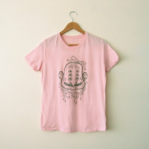 Freak T-shirt 6 Eyed Monster Light Pink Tshirt Green Screenprint Tee Tears Sweat Man Girl Androgynous Comix Cartoon Creep Zippy Large XL