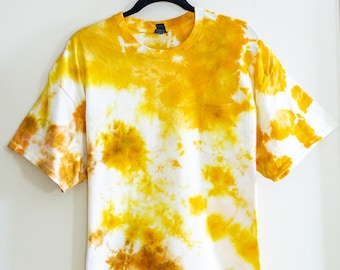 Yellow Large Hand Dyed Ice Dye 100% Cotton Unisex Short Sleeved Shirt
