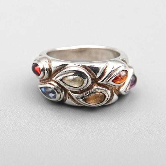 Vintage Sterling Silver Ring, 6 Drop Gemstones, Amethyst, Citrin, Smokey Quartz, Topaz, Moonstone, Garnet, 925, UK Size: M , Excel. Cond.