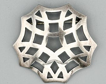 Vintage Art Deco Brooch, Pin,  Silver Plated, Large, Germany, Pierced Geometric Design, Abstract, 1930s Style, Great Condition