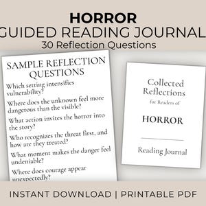 May include: A white printable PDF reading journal for horror readers. The journal includes reflection questions and the text "Collected Reflections for Readers of HORROR Reading Journal". The journal is an instant download.