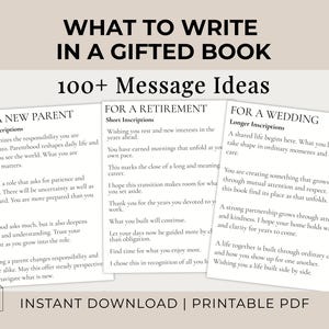 May include: A digital download with message ideas for gifting. The image features three cards with text: "For a New Parent," "For a Retirement," and "For a Wedding." The text includes longer and shorter inscription ideas. The words "What to Write in a Gifted Book" are at the top.