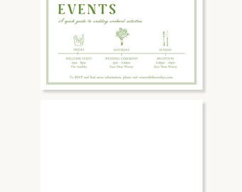 May include: A white rectangular wedding weekend events card with a green border. It features the text EVENTS, A quick guide to wedding weekend activities, and a timeline with icons for a drink, bouquet, and cutlery, detailing Friday, Saturday, and Sunday events.
