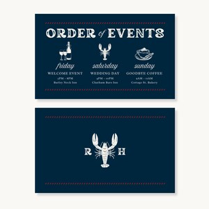 May include: A dark blue wedding itinerary card featuring white illustrations of wine, a lobster, and coffee, with the text ORDER OF EVENTS, Friday Welcome Event, Saturday Wedding Day, and Sunday Goodbye Coffee. A second card shows a lobster and the letters R and H.