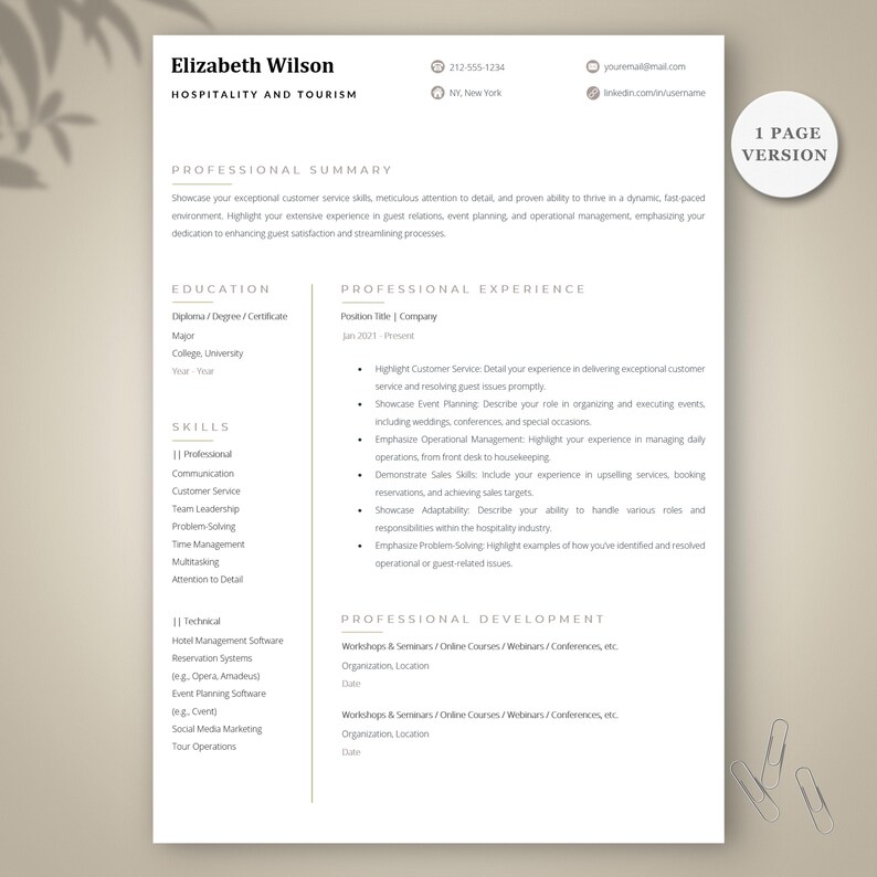 13 Page Hospitality Resume Template Word, Editable CV With Cover