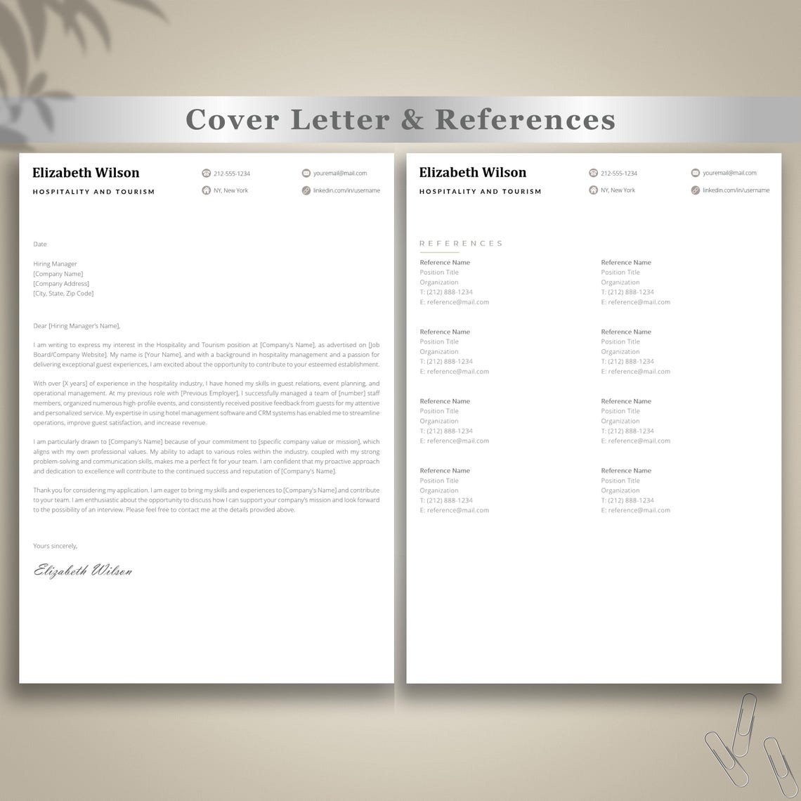 13 Page Hospitality Resume Template Word, Editable CV With Cover
