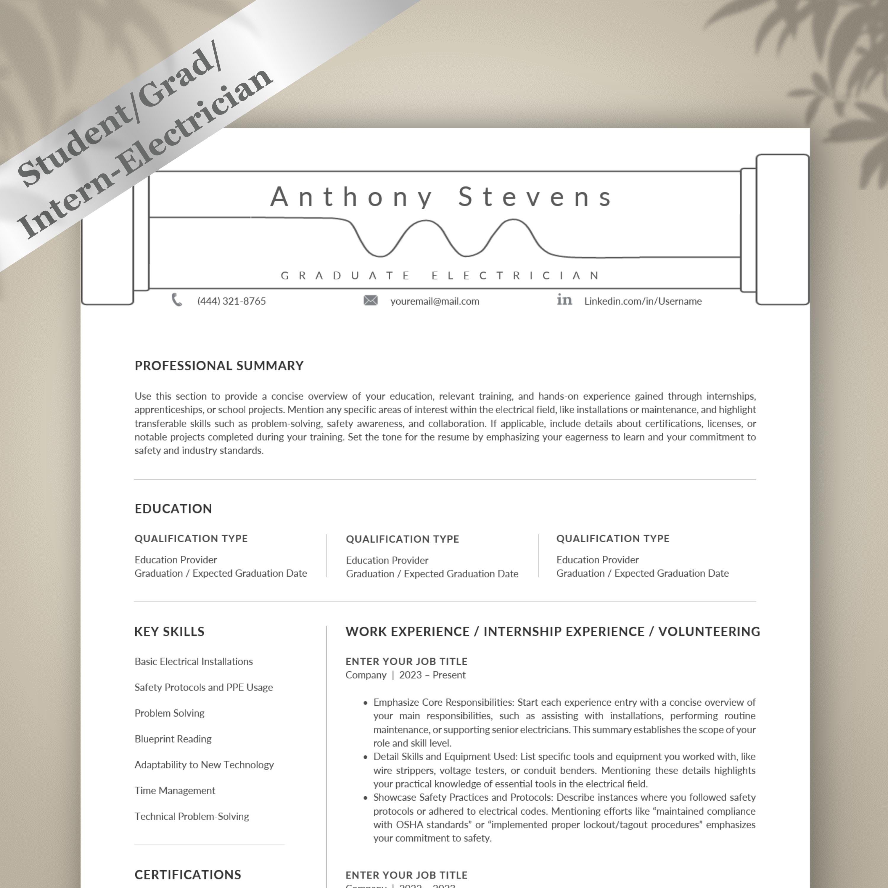 Student, Graduate, Intern Electrician Resume Template With Image, Cv ...