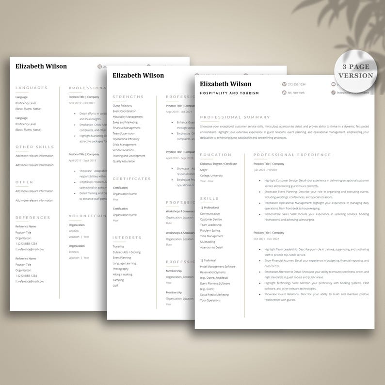 13 Page Hospitality Resume Template Word, Editable CV With Cover