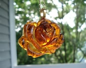 Autumn Rose Vintage Antique Rootbeer Amber Japan Flower Pendant Gold Necklace Nature Inspired