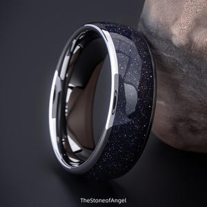 Nebula Ring, Platinum Polished Tungsten Wedding Ring, Blue Sandstone Silver-Black Ring, Outer Space Men's Ring, Personalized Ring,Engravable