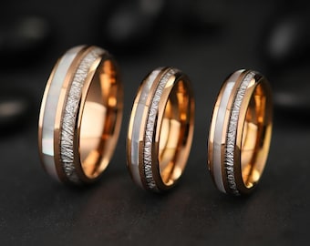 Couple's Mother-of-Pearl Meteorite Rose Gold Wedding Rings,8mm, 6mm Men's Tungsten Gold Ring,Couple's Matching Rings,Anniversary Gift