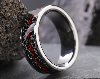 8mmMeteorite Black Opal Wedding Ring Set,Meteorite Ring, Mens Wedding Band,Real Meteorite Wedding Band,Engagement Ring, Handmade Jewelry