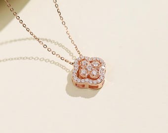 Moissanite Four-Leaf Clover Necklace, 14K Gold or Rose Gold Plated, Minimalist Charm, Perfect Valentine’s or Birthday Gift