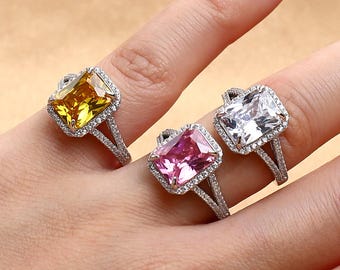 Anello con diamante rosa, anello di fidanzamento con diamante rosa taglio quadrato da 3 carati, anello con diamante rosa da 8-11 mm, diamante giallo, anello con diamante bianco, anello con pietra preziosa, regalo da donna