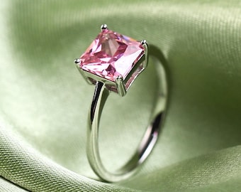 Anillo de compromiso con turmalina rosa cuadrada, anillo con gema, anillo solitario con diamante rosa, anillo con gema rosa, anillo con diamante rosa cultivado en laboratorio, anillo de bodas