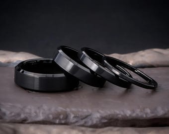 2mm/4mm/6mm/8mm Black Tungsten Wedding Rings, Unisex, Obsidian Style, Personalized, Custom Engraved, Anniversary Rings