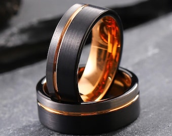 Anillo para hombre, anillo de bodas negro, anillo de tungsteno de oro rosa, anillo de tungsteno, anillo de aniversario, anillo de compromiso, anillo grabado personalizado, regalo de aniversario