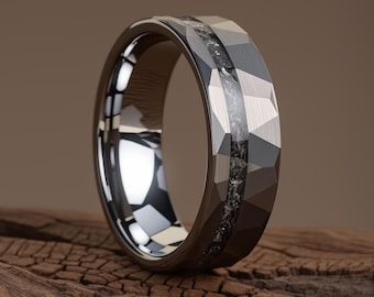 Galaxy Meteorite Ring- Hammered Men's Wedding Band Silver Tungsten 8mm Wedding Band Brushed Comfort Fit Ring Unique Ring Gift For Him