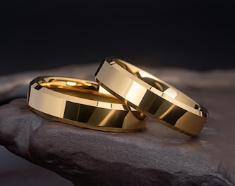 Alianza de boda de tungsteno y oro amarillo, pulida a alto brillo, con borde biselado, de carburo de tungsteno, anillo unisex para bodas y aniversarios, anillos para parejas grabables.