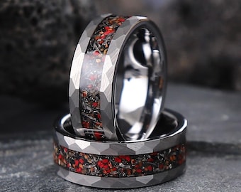 Anello da uomo in tungsteno argentato martellato con meteorite e opale galattico, anello con osso di dinosauro e meteorite, 8 mm, anello da uomo unico con meteorite