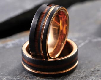 8 mm Drewniany pierścień z intarsją w kształcie beczki whisky, wyjątkowa męska obrączka ślubna, męska drewniana obrączka ślubna, męski pierścionek zaręczynowy, 6 mm obrączki dla par, prezent dla mężczyzn