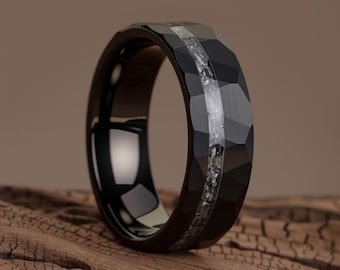 Wolfram Band , gehämmert Wolfram Band mit Meteorit Stein - Herren Ring gehämmert