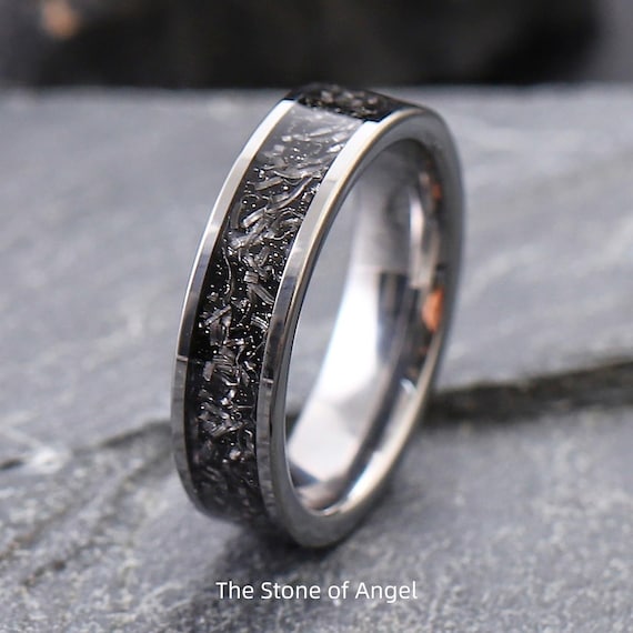 Tungsten Ring with a Meteorite Inlay, Hammered wedding Ring, Black Meteor ring, Mens Wedding Band, meteorite band, 6mmGalaxy Ring
