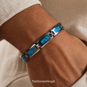 Unique Opal Inlaid Tungsten Men Bracelet, Support Custom Engraving, Christmas Gift for Husband Father Boyfriend, Collectible Men Jewelry