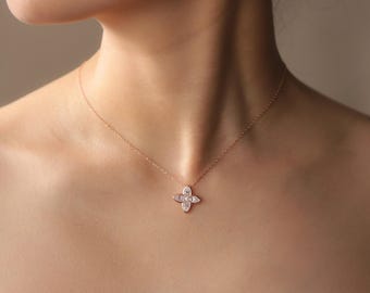 14Kゴールドダイヤモンド四つ葉のクローバーネックレス、ラッキー 