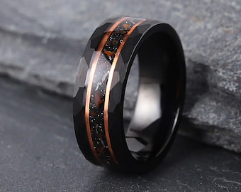 Anillo de hueso de dinosaurio y meteorito, anillo de bodas para hombre, anillo de tungsteno negro martillado, banda de tungsteno cepillado, anillo de bodas para hombre de hueso de dinosaurio rojo